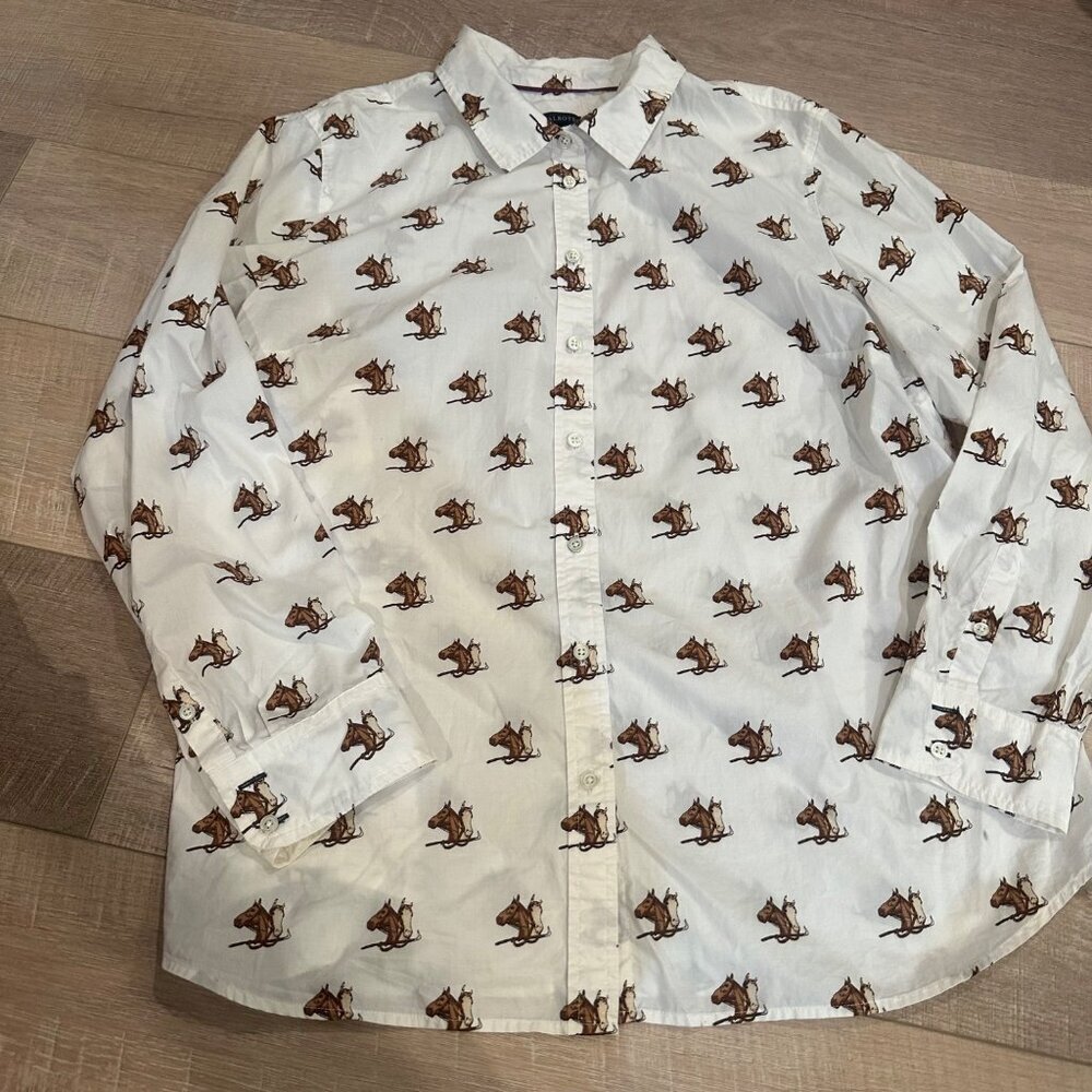 TALBOTS WOMENS XL HORSE SHIRT LONG SLEEVE BUTTON CREAM BROWN